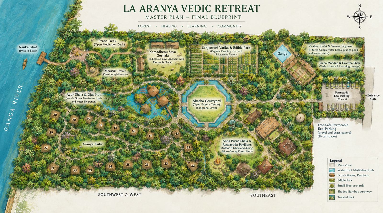 Illustrated master plan of La Aranya: cottages, gardens, library, goshala and the central courtyard along the Ganga